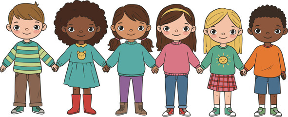 Diverse Group of Happy Children Holding Hands: Multicultural Kids United in Friendship and Inclusivity, Ideal for Education, Community, and Childhood Themes