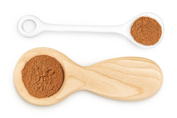Cinnamon powder in wooden and ceramic spoon isolated on white background. Top view. Flat lay.