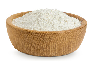 White flour in wooden bowl isolated on white background
