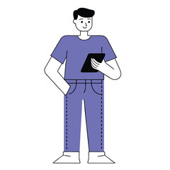 Animated flat style man holds digital tablet while casually standing indoors
