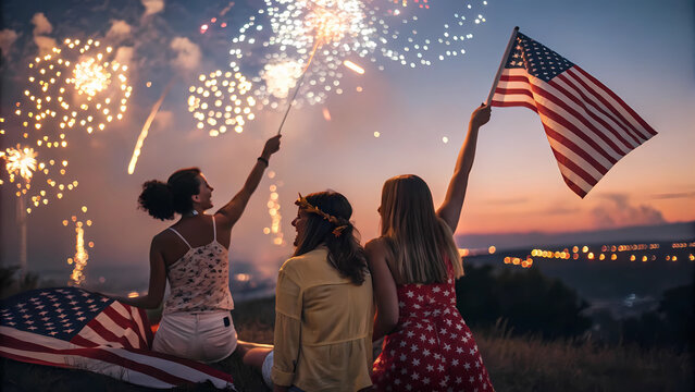 Fourth of july celebration with friends watching fireworks and waving american flag at sunset happy independence day