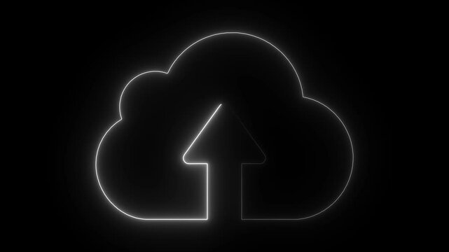 Glowing neon cloud storage with arrows, looped animation. Cloud space and technology, data backup icon. Cloud computing glowing neon Downloading icon animation on black background