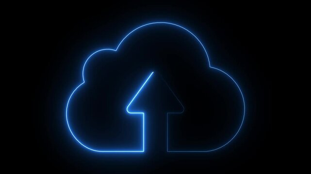 Glowing neon cloud storage with arrows, looped animation. Cloud space and technology, data backup icon. Cloud computing glowing neon Downloading icon animation on black background