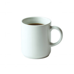 Simple white coffee mug filled with dark beverage, isolated on a white background, perfect for themes of comfort and daily rituals.