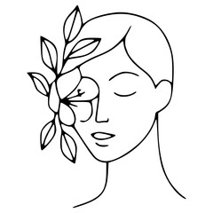 Beauty Woman Face with Floral Leaf Line Art