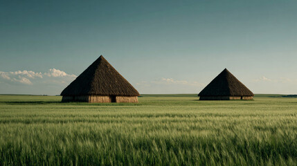 Ancient Pyramidal Houses Amidst the Lush Meadow: A serene landscape unfolds, showcasing two ancient pyramidal structures nestled amongst a vast field of wheat.