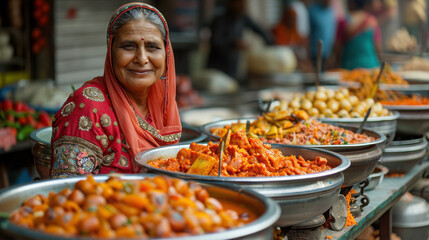 Fototapeta premium A woman from India purchases and sells tasty regional street food at a colorful street vendor’s stall. The food is visually attractive and authentic, showcasing vibrant local culinary culture...