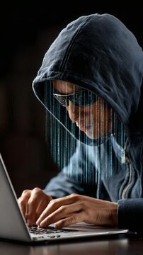 Cybersecurity Hacker at Work: A hooded figure intensely focuses on a laptop, their face partially obscured in shadow, with digital code cascading down.