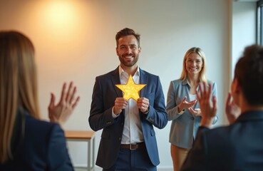 Team leader holds gold star award while colleagues cheer applaud. Team members congratulate winner in office setting. Customer experience concept. Recognition of excellent services and satisfaction.