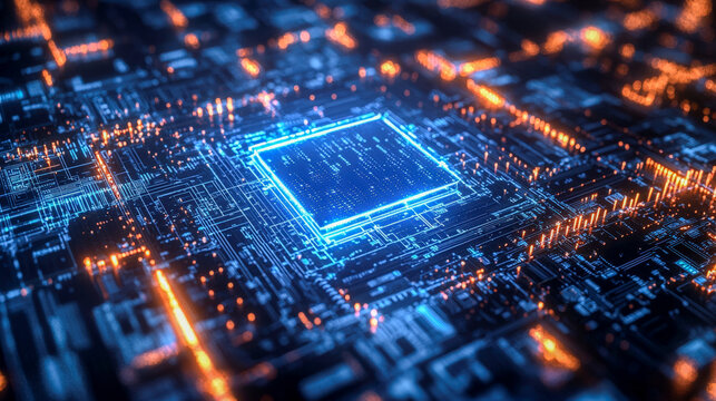 Close-up of a glowing futuristic microchip or circuit board with vibrant blue and orange lights