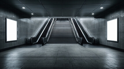 Modern Underpass: A minimalist, architectural marvel featuring escalators and illuminated display boards, capturing the essence of urban transit in a sleek, monochromatic aesthetic.