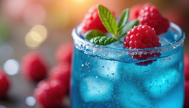 Refreshing blue cocktail with ice and red fruits. Drink features fresh raspberry, garnished mint leaves. Cold alcohol beverage suitable for bar menu. Summer party refreshment.