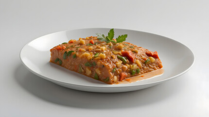 A single serving of hearty vegetable stew, featuring carrots, peas, corn, and potatoes in a rich sauce.  Garnished with fresh parsley, it's served on a simple white plate.