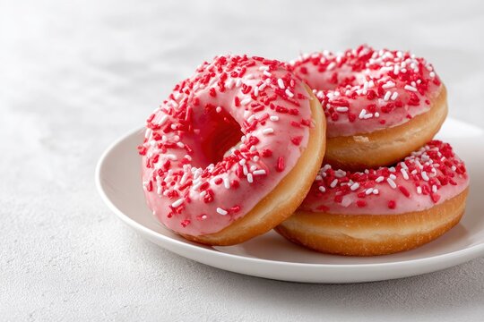 Three donuts with pink frosting and redwhite sprinkles stacked on a white plate