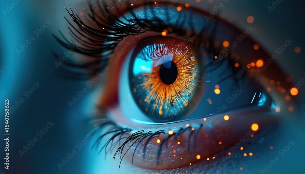Poster human eye with digital circuitry overlay. biometric tech concept, artificial intelligence, future te
