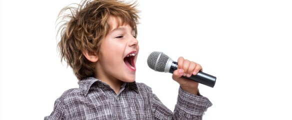 The enthusiastic child singing into a microphone with passion and joy.