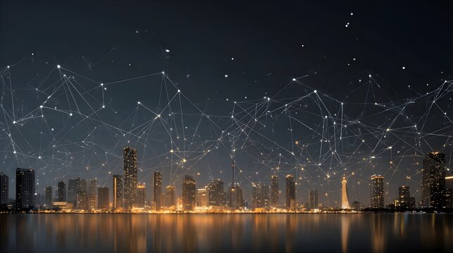 Smart digital city with globalization abstract graphic showing connection network . Concept of future 5G smart wireless digital city and social media networking systems - Powered by Adobe