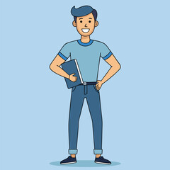Smiling cartoon man stands confidently while holding a notebook against light blue backdrop
