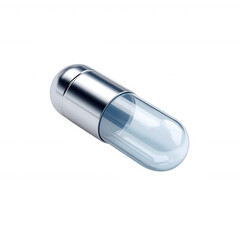 Transparent capsule with silver cap, placed on a white isolated background, showcasing a clean and modern design, ideal for pharmaceutical or health-related imagery.