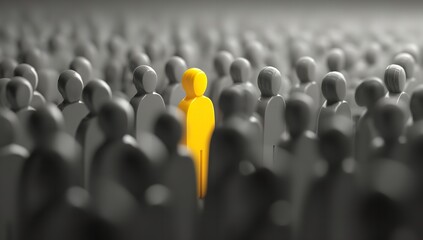 Obraz premium Embracing Uniqueness A bright yellow figure stands out courageously in a sea of gray with shallow