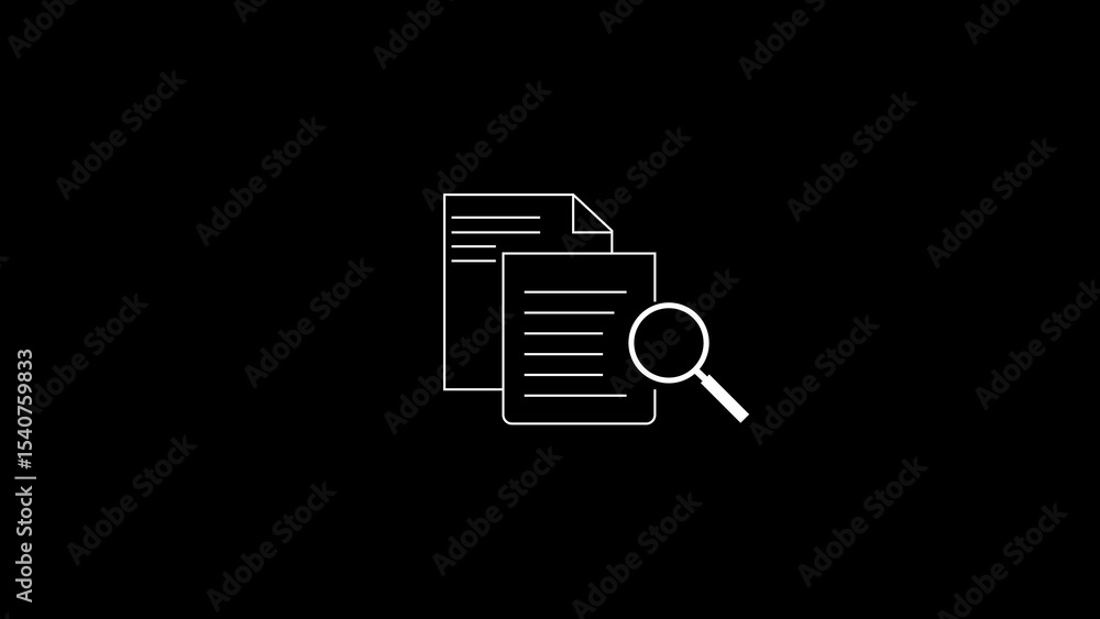 Poster document search icon depicting a magnifying glass overlaying documents on a black background ideal f