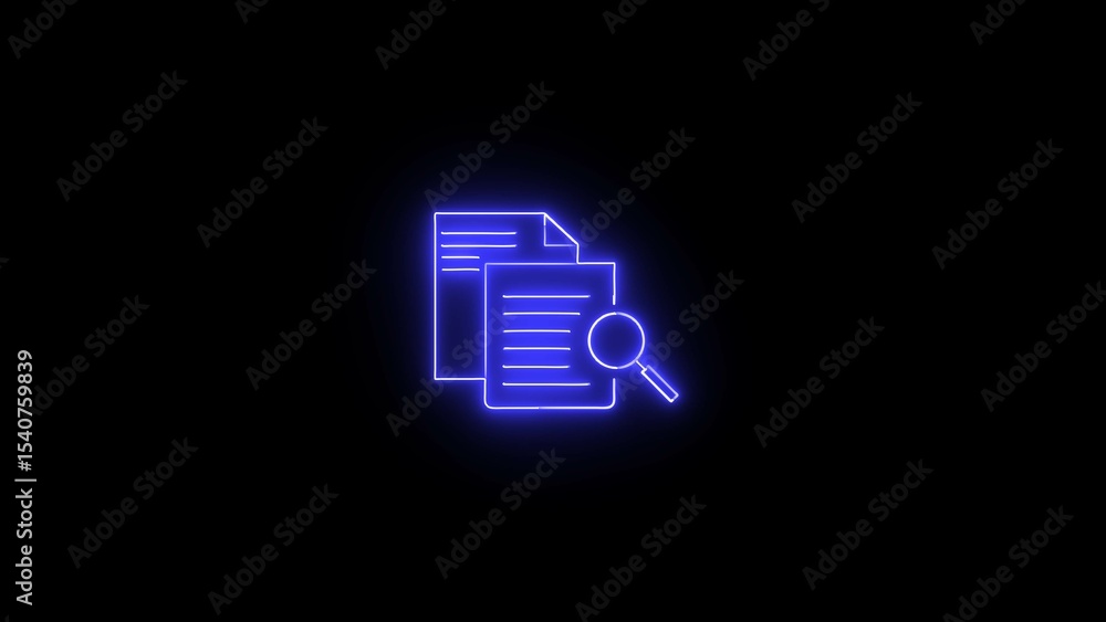 Poster glowing neon icon of documents and magnifying glass representing research and analysis on a dark bac