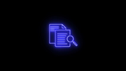 Glowing neon icon of documents and magnifying glass representing research and analysis on a dark background for digital concepts