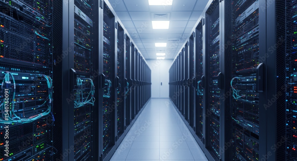 Poster data center server room corridor - rows of server racks in a modern data center, showcasing technolo