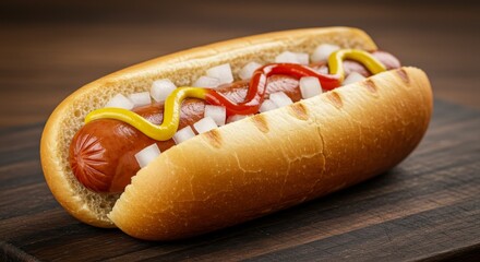 Delicious Hot Dog with Mustard and Onions - Juicy hot dog in a soft bun, topped with yellow mustard, ketchup, and diced white onions. Perfect for a quick and tasty meal