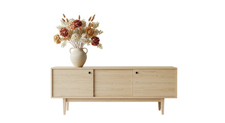 Light wood cabinet with sliding doors and a vase of dried flowers on top in a minimalist setting