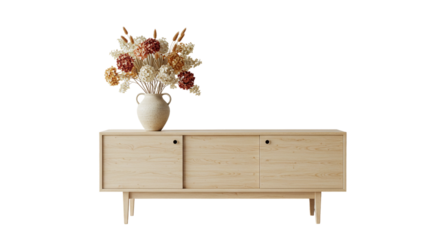Light wood cabinet with sliding doors and a vase of dried flowers on top in a minimalist setting