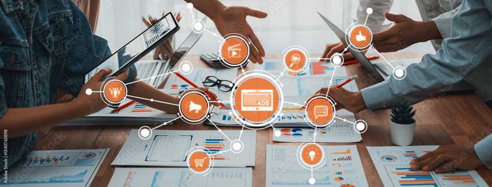 Poster Analyst team utilizing BI Fintech to analyze and pointing at financial dashboard paper office. Businesspeople examining report paper on table for business insight. Panorama shot. Scrutinize Amity