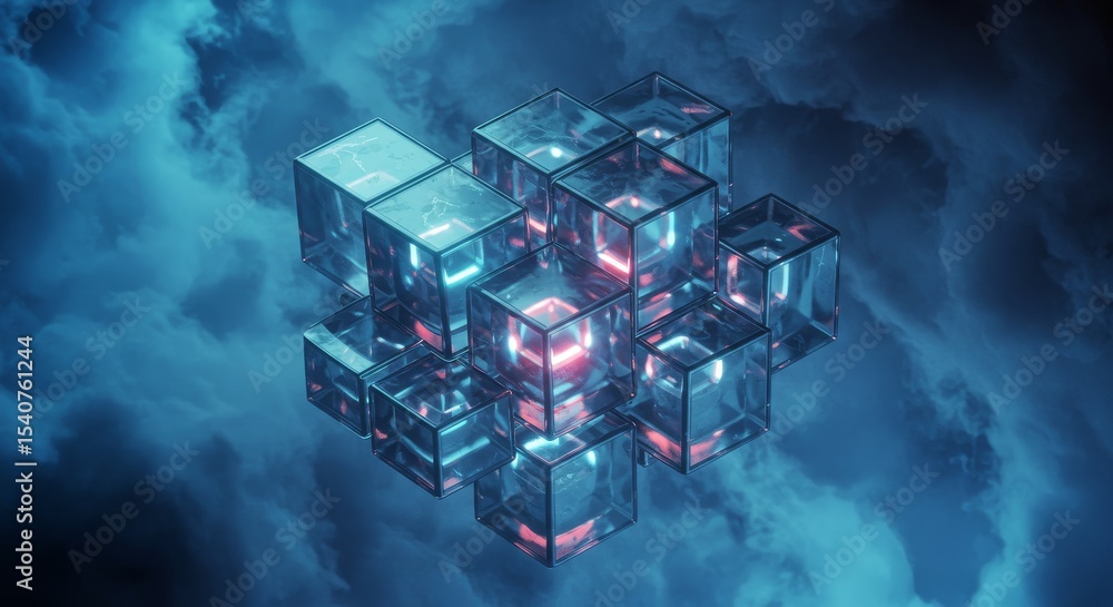 Poster dynamic geometry cube composition in blue space - abstract 3d of glowing glass cubes forming a compl