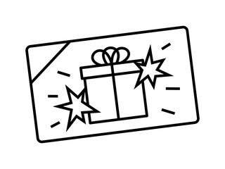 Hand drawn cute outline illustration of gift card. Flat vector promotion voucher line art doodle. Coupon with present sign icon or sticker. Discount promo code symbol. Marketing advertising. Isolated.