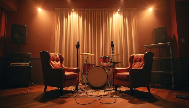 Interior of recording studio with musical instruments, chairs. Podcasting, interview, radio broadcast, audio studio, online content creation, video production, musicians space. Modern tech,