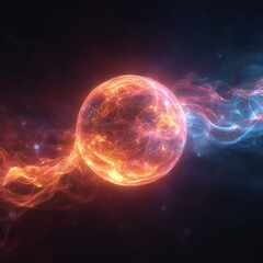 Obraz premium Abstract colored bright glowing background with a sphere core atom energy burning ball circle made of waves of energy rays and plasma with light.