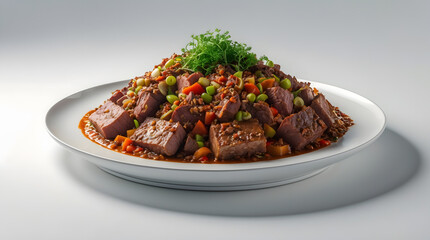 A delectable dish of braised beef cubes in a rich, savory sauce, complemented by a medley of colorful vegetables and herbs.  Served elegantly on a white plate.