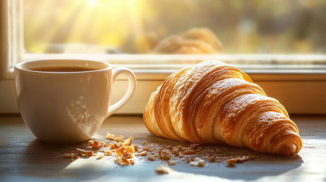 Cozy breakfast with croissant and coffee near sunlit window warm morning vibe perfect for blogs cafes or lifestyle promotion