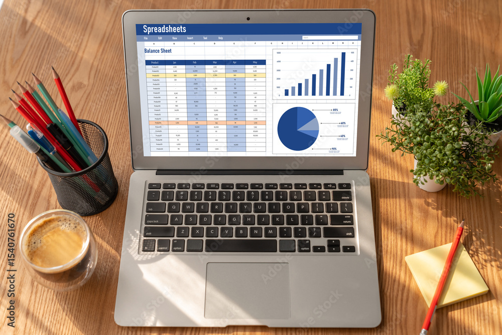 Poster spreadsheet document information financial startup concept. data and graphs in spreadsheet documents