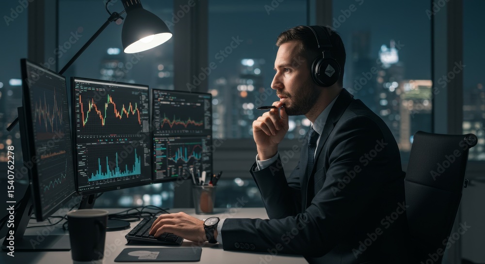 Poster focused trader analyzing market data - a businessman wearing a headset concentrates on multiple moni