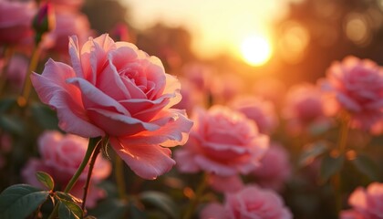 Pink rose garden blooms at sunset, sun glows through soft petals. Floral scene displays vibrant color, delicate texture. Romantic, aesthetic nature background evokes feelings of peace, tranquility.