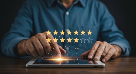 Five Star Rating Excellence - Concept of satisfaction, excellence, and positive feedback. A man uses a tablet to give a five-star rating, symbolizing top-tier quality, customer satisfaction, and high
