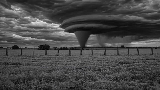 Dramatic black and white tornado over rural farmland, extreme weather storm scene with funnel cloud touching ground, natural disaster concept for emergency, climate, and documentary use