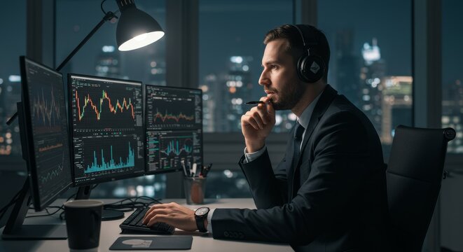 Focused Trader Analyzing Market Data - A businessman wearing a headset concentrates on multiple monitors displaying market data at night in a modern office