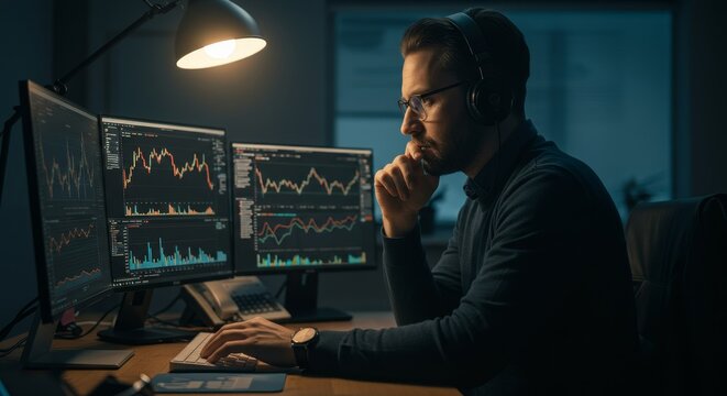 Focused Trader Analyzing Market Data - A concentrated man wearing headphones analyzes financial charts on multiple computer screens in a dimly lit office