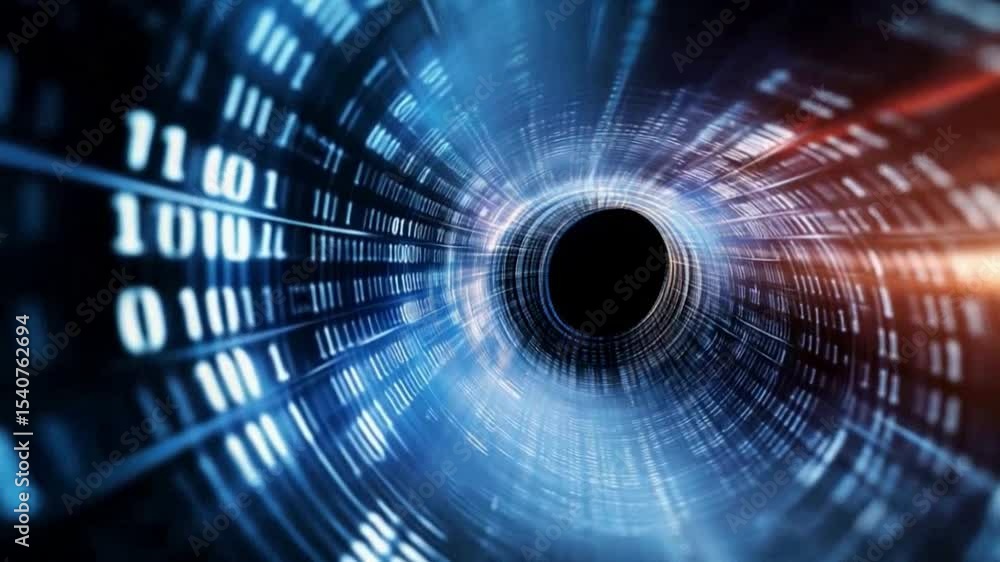 Fototapete Binary Code Tunnel: Digital data streams and binary code form a high-tech, artistic tunnel, depicting the dynamic flow of information in a futuristic and abstract setting.
