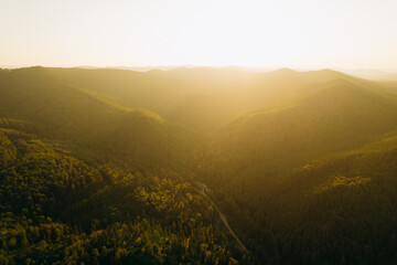 Aerial view of beautiful forest on the hill and mountains at sunset. Colorful landscape with beautiful sunbeam light.	

