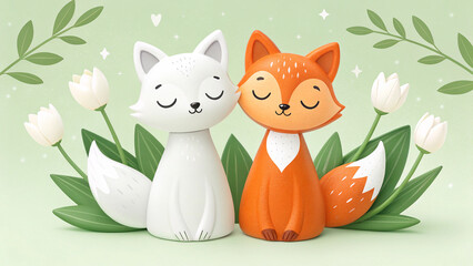 Foxes in Love's Embrace: Two charming foxes, one red and one white, nestle together amidst a backdrop of fresh spring foliage, depicting a sense of harmony, affection and togetherness.