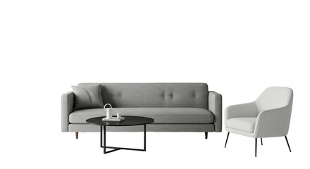 A living room setup featuring a light gray sofa, white chair, and a round coffee table on black