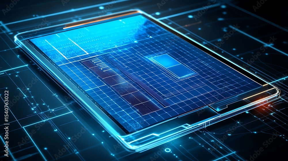 Poster a blueprint of a futuristic tablet with embedded solar panel tech and edge-to-edge display tech